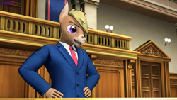 Size: 3840x2160 | Tagged: safe, artist:antonsfms, oc, oc only, oc:nickyequeen, donkey, anthro, 3d, ace attorney, alternate universe, anthro oc, attorney, badge, banner, clothes, commission, commissioner:nickyequeen, court, courtroom, crossover, desk, donkey oc, formal attire, formal wear, high res, image set, male, necktie, nickywright, open mouth, phoenix wright, solo, source filmmaker, suit, yelling