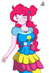 Size: 1280x1920 | Tagged: safe, artist:dibujoschidosdelabad, pinkie pie, human, equestria girls, g4, blushing, clothes, cutie mark on clothes, dress, eyes closed, female, ponytail, simple background, solo, transparent background