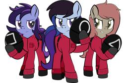 Size: 1920x1293 | Tagged: safe, alternate version, artist:alexdti, oc, oc only, oc:atari, oc:maple cake, oc:raven storm, earth pony, pony, clothes, female, mare, simple background, squid game, transparent background, trio