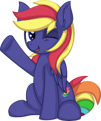 Size: 5846x6983 | Tagged: safe, artist:cyanlightning, oc, oc only, oc:rainbow lightspeed, pegasus, pony, .svg available, absurd resolution, ear fluff, male, simple background, sitting, solo, stallion, transparent background, vector, waving
