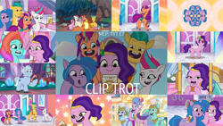 Size: 1280x720 | Tagged: safe, edit, edited screencap, editor:quoterific, screencap, alphabittle blossomforth, hitch trailblazer, izzy moonbow, jazz hooves, pipp petals, queen haven, sunny starscout, thunder flap, zipp storm, zoom zephyrwing, earth pony, pegasus, pony, unicorn, clip trot, g5, my little pony: tell your tale, spoiler:g5, spoiler:my little pony: tell your tale, spoiler:tyts01e07, :o, cellphone, female, guardsmare, hoof hold, male, mane five, mane stripe sunny, mare, open mouth, open smile, pegasus royal guard, phone, rain, royal guard, smartphone, smiling, stallion, sunglasses, text, the pony hip-hop, tree, wet, wet mane