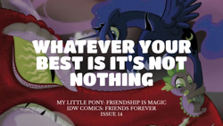 Size: 1280x720 | Tagged: safe, edit, editor:quoterific, idw, basil, princess luna, spike, alicorn, dragon, pony, g4, my little pony: friends forever, spoiler:comic, female, male, mare, spread wings, text, trio, wings