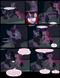 Size: 1042x1358 | Tagged: safe, artist:dendoctor, mean twilight sparkle, pinkie pie, alicorn, earth pony, pony, comic:clone.., g4, alternate universe, bandage, clone, clothes, comic, female, first aid kit, injured, pinkie clone, taffy, twilight sparkle (alicorn)