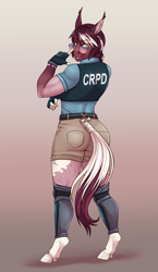Size: 1800x3096 | Tagged: safe, alternate version, artist:askbubblelee, oc, oc only, oc:merlot swirl, bat pony, earth pony, hybrid, anthro, unguligrade anthro, anthro oc, ass, bat pony oc, biceps, breasts, butt, clothes, coat markings, digital art, earth pony oc, fangs, female, gradient background, looking back, muscles, pinto, police officer, police uniform, roan, shorts, smiling, solo, sunglasses, vest