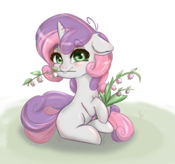 Size: 1500x1411 | Tagged: safe, artist:inkypuso, sweetie belle, pony, unicorn, g4, blank flank, blushing, cute, diasweetes, eyebrows, eyebrows visible through hair, female, filly, floppy ears, flower, foal, grass, lily of the valley, mouth hold, shadow, simple background, sitting, smiling, solo, weapons-grade cute, white background