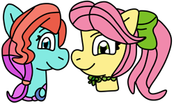 Size: 1350x810 | Tagged: safe, artist:jadeharmony, jazz hooves, posey bloom, earth pony, pony, g5, my little pony: tell your tale, bow, bust, duo, female, hair bow, mare, simple background, transparent background