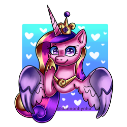 Size: 1378x1378 | Tagged: safe, artist:dannonhynha, princess cadance, alicorn, pony, canterlot wedding 10th anniversary, g4, crown, cute, ears, ears up, hair, heart, heart eyes, hooves, hooves up, horn, jewelry, looking at you, lovely, passepartout, regalia, simple background, smiling, smiling at you, solo, spread wings, wingding eyes, wings