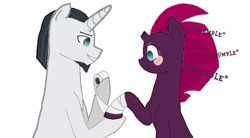 Size: 747x411 | Tagged: safe, artist:decokenite, artist:the technocat, chancellor neighsay, fizzlepop berrytwist, tempest shadow, pony, unicorn, g4, bandage, bandaged leg, blushing, broken horn, duo, facial hair, female, grumble, horn, i ship it, looking at someone, looking at something, male, mare, shipping, stallion, straight, tempest neighsay