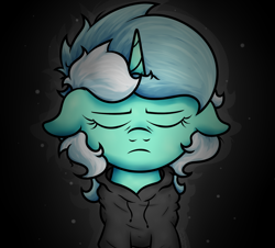 Size: 1282x1158 | Tagged: safe, artist:background basset, lyra heartstrings, pony, unicorn, g4, black background, bust, clothes, depression, dig the swell hoodie, eyes closed, front view, hoodie, solo