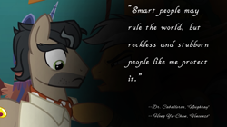 Size: 969x541 | Tagged: safe, artist:decokenite, screencap, doctor caballeron, quibble pants, earth pony, pony, g4, stranger than fan fiction, book:neighsay x vincenzo quotes, fimfiction, hong yu-chan, male, quote, stallion, vincenzo
