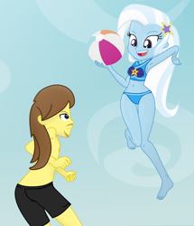 Size: 1080x1257 | Tagged: safe, artist:charliexe, artist:grapefruit-face, trixie, oc, oc:grapefruit face, human, equestria girls, equestria girls specials, g4, my little pony equestria girls: better together, my little pony equestria girls: forgotten friendship, armpits, ball, barefoot, beach, beach ball, beach shorts swimsuit, beach volleyball, belly button, bikini, blue swimsuit, canon x oc, clothes, cute, duo, equestria girls-ified, feet, female, grapexie, jumping, legs, male, midriff, ponytail, purple swimsuit, shipping, show accurate, sleeveless, sports, straight, summer, summertime, sun, sunshine, swimsuit, trixie's beach shorts swimsuit, volleyball