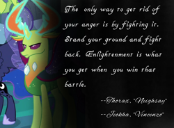 Size: 4096x3018 | Tagged: safe, artist:decokenite, edit, edited screencap, screencap, princess luna, thorax, changedling, changeling, g4, to where and back again, book:neighsay x vincenzo quotes, cropped, fimfiction, jeokha, king thorax, male, quote, solo focus, vincenzo