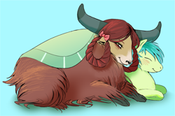 Size: 1847x1230 | Tagged: source needed, safe, artist:relighted, sandbar, yona, earth pony, pony, yak, g4, blushing, bow, cloven hooves, colored sketch, cute, duo, duo male and female, female, hair bow, male, monkey swings, sandabetes, ship:yonabar, shipping, simple background, size difference, sketch, stallion, straight, teal background, yonadorable