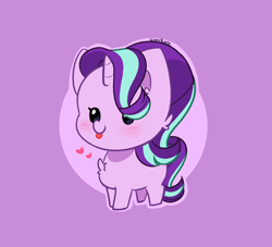 Size: 2768x2508 | Tagged: safe, artist:kittyrosie, starlight glimmer, pony, unicorn, g4, :p, beady eyes, chest fluff, chibi, cute, glimmerbetes, high res, purple background, simple background, smol, solo, tongue out