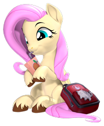 Size: 700x850 | Tagged: safe, artist:owlpirate, fluttershy, pegasus, pony, g4, 3d, adorable face, backpack, cute, drinking, female, hoof hold, juice, juice box, mare, shyabetes, simple background, sipping, smiling, solo, source filmmaker, transparent background, unshorn fetlocks