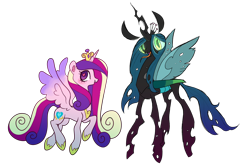 Size: 2194x1466 | Tagged: safe, artist:pinfeather, derpibooru exclusive, princess cadance, queen chrysalis, alicorn, changeling, changeling queen, pony, canterlot wedding 10th anniversary, g4, colored wings, crown, cute, cutealis, cutedance, duo, female, jewelry, mare, regalia, simple background, transparent background, two toned wings, wings