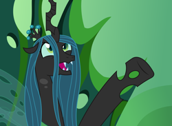 Size: 3293x2411 | Tagged: safe, artist:sketchmcreations, queen chrysalis, changeling, changeling queen, canterlot wedding 10th anniversary, g4, to where and back again, female, gradient background, green background, high res, inkscape, open mouth, raised hoof, redraw, scene interpretation, simple background, throne, vector