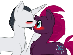 Size: 1035x772 | Tagged: safe, artist:cahansentoth, artist:decokenite, chancellor neighsay, fizzlepop berrytwist, tempest shadow, pony, unicorn, g4, base used, blushing, broken horn, couple, crack shipping, duo, eyes closed, female, forehead kiss, horn, kissing, lidded eyes, looking at someone, male, mare, shipping, stallion, straight, tempest neighsay