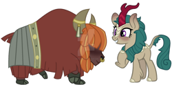 Size: 1280x631 | Tagged: safe, artist:hate-love12, river song, yelena, kirin, yak, g4, base used, blushing, simple background, transparent background