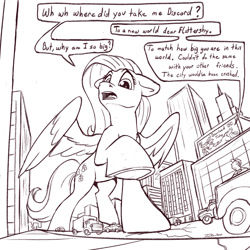 Size: 1500x1500 | Tagged: safe, artist:tsitra360, discord, fluttershy, pegasus, pony, g4, city, dialogue, discord (program), discord being discord, female, fluttershy day, giant pony, giantess, grayscale, low angle, macro, mare, monochrome, namesake, pun, sketch, solo focus, taxi, underhoof, visual pun