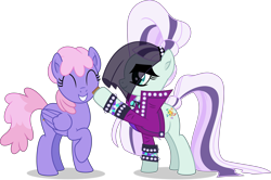 Size: 5865x3890 | Tagged: safe, artist:starcollider, coloratura, rainbowshine, earth pony, pegasus, pony, g4, the mane attraction, .svg available, :d, ^^, absurd resolution, clothes, countess coloratura, duo, duo female, eyes closed, female, hoofsies, jacket, open mouth, open smile, raised hoof, simple background, smiling, stamp, svg, transparent background, vector, veil
