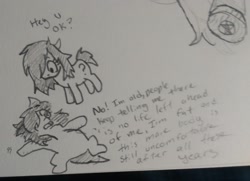 Size: 2048x1483 | Tagged: safe, artist:pony quarantine, oc, oc only, oc:anon-mare, earth pony, pony, dialogue, duo, existential crisis, female, grayscale, hair over one eye, lying down, mare, monochrome, on back, pencil drawing, traditional art