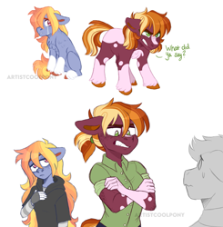 Size: 2455x2501 | Tagged: safe, artist:artistcoolpony, oc, oc:auburn sky, oc:sunny harvest, earth pony, pony, anthro, coat markings, crossed arms, crying, duo focus, female, filly, foal, high res, mare, offspring, parent:big macintosh, parent:rainbow dash, parents:rainbowmac, siblings, simple background, sisters, socks (coat markings), white background