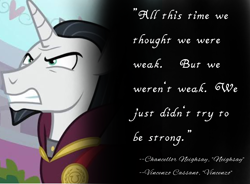 Size: 4096x3018 | Tagged: safe, artist:decokenite, edit, edited screencap, screencap, chancellor neighsay, pony, unicorn, g4, school raze, book:neighsay x vincenzo quotes, clothes, gritted teeth, male, quote, robe, stallion, teeth, vincenzo, vincenzo cassano