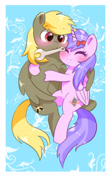 Size: 1576x2508 | Tagged: safe, artist:leo19969525, oc, oc only, alicorn, pegasus, pony, ^^, blushing, cute, duo, eyes closed, female, folded wings, horn, hug, male, mare, mouth hold, oc x oc, ocbetes, shipping, simple background, smiling, stallion, straight, white background, winghug, wings, wrench