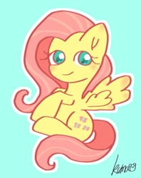 Size: 882x1115 | Tagged: safe, artist:oekakikumao, fluttershy, pegasus, pony, g4, blue background, female, looking at you, mare, simple background, smiling, smiling at you, solo, wings
