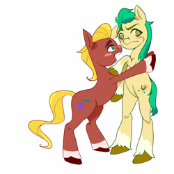Size: 3543x3543 | Tagged: safe, artist:sldnicot, hitch trailblazer, sprout cloverleaf, earth pony, pony, g5, my little pony: a new generation, bipedal, bipedal leaning, colored hooves, embarrassed, gay, green eyes, high res, leaning, male, ship:clovertrail, shipping, simple background, stallion, stallion on stallion, unshorn fetlocks, white background