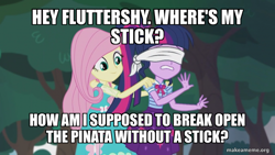 Size: 800x450 | Tagged: safe, edit, edited screencap, screencap, fluttershy, sci-twi, twilight sparkle, human, equestria girls, g4, my little pony equestria girls: better together, stressed in show, stressed in show: fluttershy, blindfold, caption, image macro, text