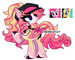 Size: 1280x1027 | Tagged: safe, artist:mirrastat, pinkie pie, princess skystar, oc, hybrid, pegasus, pony, g4, my little pony: the movie, base used, eyelashes, female, hat, interspecies offspring, lesbian, looking back, magical lesbian spawn, mare, offspring, parent:pinkie pie, parent:princess skystar, parents:skypie, pegasus oc, raised hoof, ship:skypie, shipping, simple background, smiling, transparent background, unshorn fetlocks, wings