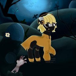 Size: 4338x4347 | Tagged: safe, artist:nikachyy, oc, oc only, earth pony, pony, undead, zombie, clothes, earth pony oc, gravestone, outdoors, worried