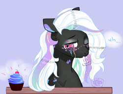 Size: 2460x1890 | Tagged: safe, artist:nikachyy, oc, oc only, earth pony, pony, bust, cupcake, earth pony oc, food, makeup, one eye closed, running makeup, solo, wink