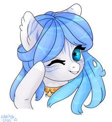 Size: 903x984 | Tagged: safe, artist:nikachyy, oc, oc only, earth pony, pony, bust, collar, ear fluff, earth pony oc, eyelashes, female, grin, mare, one eye closed, simple background, smiling, starry eyes, white background, wingding eyes, wink