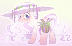 Size: 1492x954 | Tagged: safe, artist:whohwo, oc, oc only, earth pony, pony, earth pony oc, eyelashes, female, hat, hoof shoes, makeup, mare, saddle basket, smiling, solo, sun hat