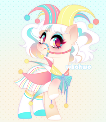 Size: 1818x2094 | Tagged: safe, artist:whohwo, oc, oc only, earth pony, pony, colored hooves, earth pony oc, eyelashes, eyeshadow, female, halter, hoof shoes, jester, makeup, mare, raised hoof, solo, tack