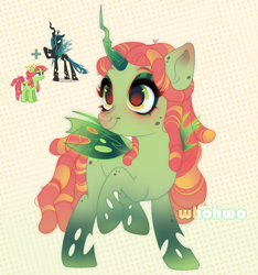 Size: 1348x1442 | Tagged: safe, artist:whohwo, queen chrysalis, tree hugger, oc, changeling, changeling queen, earth pony, pony, g4, changeling oc, dreadlocks, eyelashes, female, freckles, fusion, holes, horn, makeup, mare, raised hoof, simple background, wings