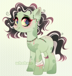 Size: 2392x2524 | Tagged: safe, artist:whohwo, oc, oc only, earth pony, pony, undead, zombie, zombie pony, bandage, blood, earth pony oc, eyelashes, female, frankenstein's monster, high res, makeup, mare
