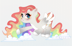 Size: 2734x1752 | Tagged: safe, artist:whohwo, oc, oc only, pegasus, pony, blushing, cloud, colored hooves, colored wings, eyelashes, female, flying, freckles, gray background, makeup, mare, multicolored hair, pegasus oc, rainbow hair, simple background, two toned wings, wings