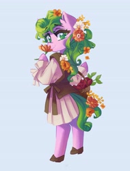 Size: 3116x4096 | Tagged: safe, artist:saxopi, daisy, flower wishes, earth pony, semi-anthro, g4, arm hooves, clothes, dress, flower, flower in hair, lidded eyes, looking at you, looking back, looking back at you, smiling, solo