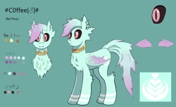 Size: 2530x1536 | Tagged: safe, artist:rachel_rascal, oc, oc only, oc:#c0ffee, bat pony, bat wings, black sclera, chest fluff, collar, cute, cute little fangs, cutie mark, dark eyes, fangs, front view, gradient mane, jewelry, male, necklace, pink eyes, reference sheet, side view, simple background, teal background, wings