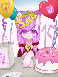 Size: 1080x1440 | Tagged: safe, artist:bonecrow, oc, oc only, oc:candlelight warmth, pony, unicorn, balloon, birthday, birthday cake, birthday gift, bow, cake, crown, cute, female, food, hair bow, horn, jewelry, letter, looking at you, mare, pigtails, regalia, unicorn oc