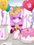 Size: 1080x1440 | Tagged: safe, artist:bonecrow, oc, oc only, oc:candlelight warmth, pony, unicorn, balloon, birthday, birthday cake, birthday gift, bow, cake, crown, cute, female, food, hair bow, horn, jewelry, letter, looking at you, mare, pigtails, regalia, unicorn oc