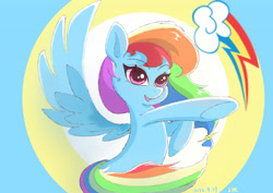 Size: 3508x2480 | Tagged: safe, artist:red river, rainbow dash, pegasus, pony, g4, circle, circle background, cute, flying, high res, icon, open mouth, pointing, ponytail, raised hoof, smiling, wings