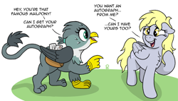 Size: 1537x877 | Tagged: safe, artist:doodledonutart, derpy hooves, gabby, griffon, pegasus, pony, g4, bag, comic, cute, derp, dialogue, floppy ears, mail, mailbag, mailmare, open mouth, raised hoof, smiling, teeth