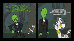 Size: 1940x1080 | Tagged: safe, artist:happy harvey, zecora, oc, oc:anon, human, zebra, g4, 2 panel comic, bracelet, bush, cartoons (band), clothes, comic, dialogue, drawthread, ear piercing, earring, everfree forest, jewelry, looking up, love spell, necktie, open mouth, pants, phone drawing, piercing, rhyme, singing, song reference, suit, this will not end well, tree, witch doctor, witch doctor (song)