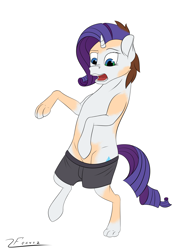 Size: 2448x3264 | Tagged: safe, artist:furnaise, rarity, human, pony, unicorn, g4, bipedal, clothes, high res, human to pony, male to female, mid-transformation, open mouth, rule 63, shorts, solo, transformation, transgender transformation