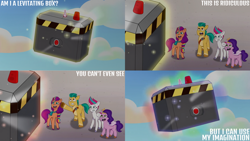 Size: 1280x720 | Tagged: safe, edit, edited screencap, editor:quoterific, screencap, hitch trailblazer, izzy moonbow, pipp petals, sunny starscout, zipp storm, earth pony, pegasus, pony, unicorn, g5, my little pony: tell your tale, the unboxing of izzy, spoiler:g5, spoiler:my little pony: tell your tale, spoiler:tyts01e06, female, male, mane five, mane stripe sunny, mare, open mouth, stallion, text, the izzy box, unicorn entrapment device